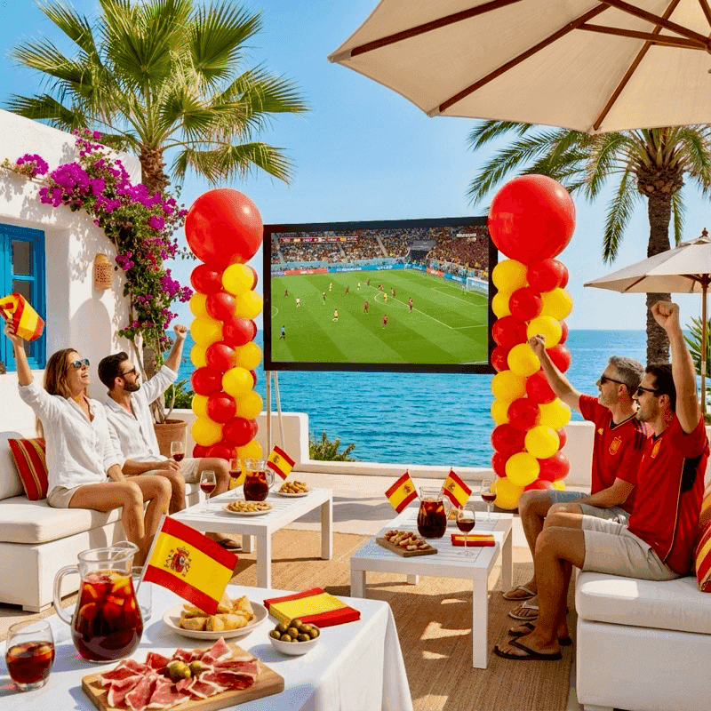 Oranssi ilmapallokoristeilu jalkapallojuhlaan ravintolassa ja terassilla