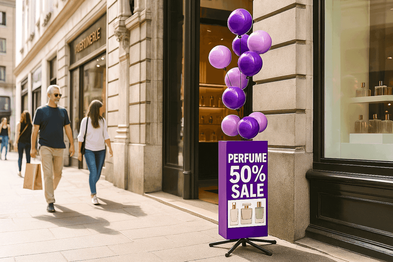 Balloon sign display with pole cover in retail setting