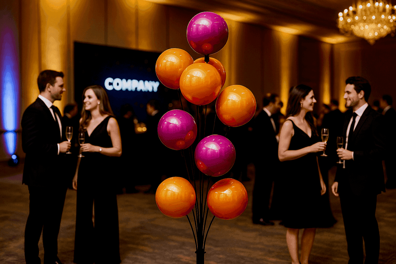 Balloon sign display enhances luxurious atmosphere among elegant gala visitors.