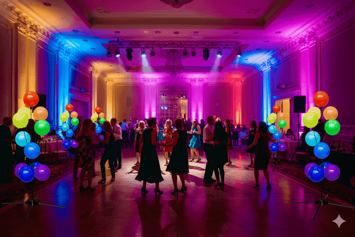 Balloon sign displays illuminate ballroom with dancing guests and colorful lighting