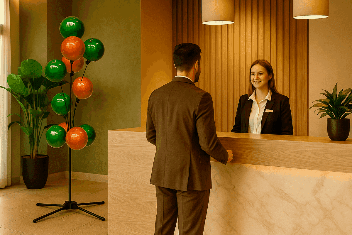 Subtle balloon sign display at reception desk for professional first impression decoration