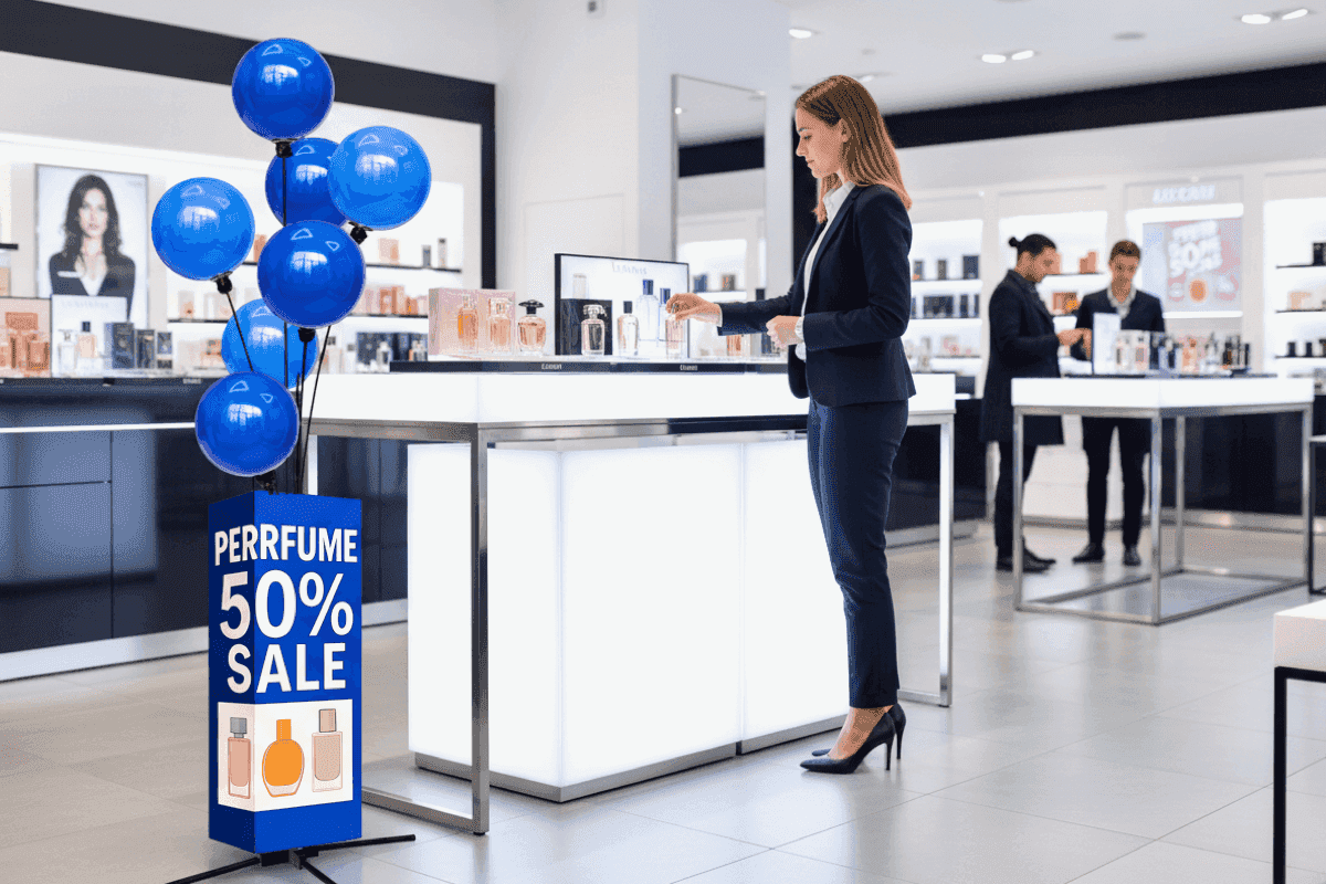 Balloon sign display as elegant retail signing near products, point-of-purchase decoration with mobile setup