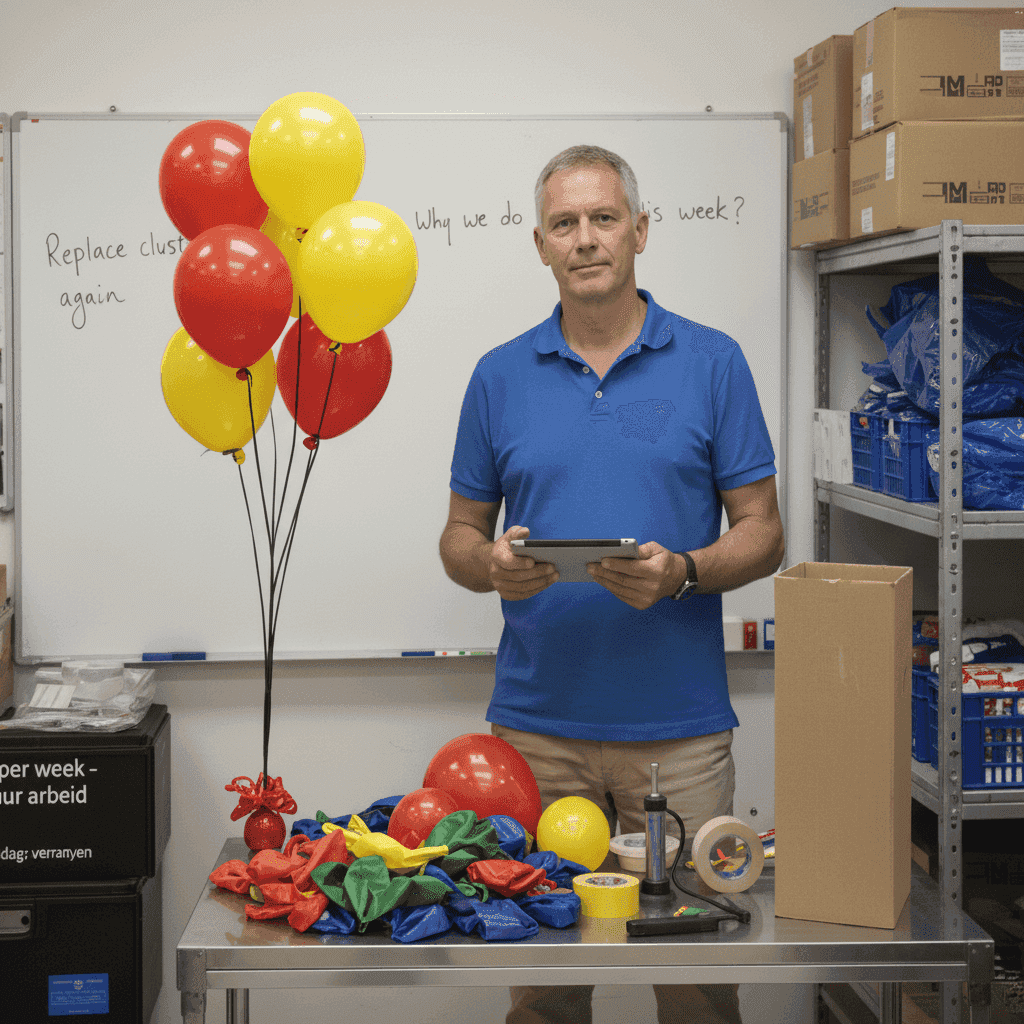 PilaMania founder in conversation with retail manager about frustrations with traditional balloon decoration, origin of the balloon sign display concept