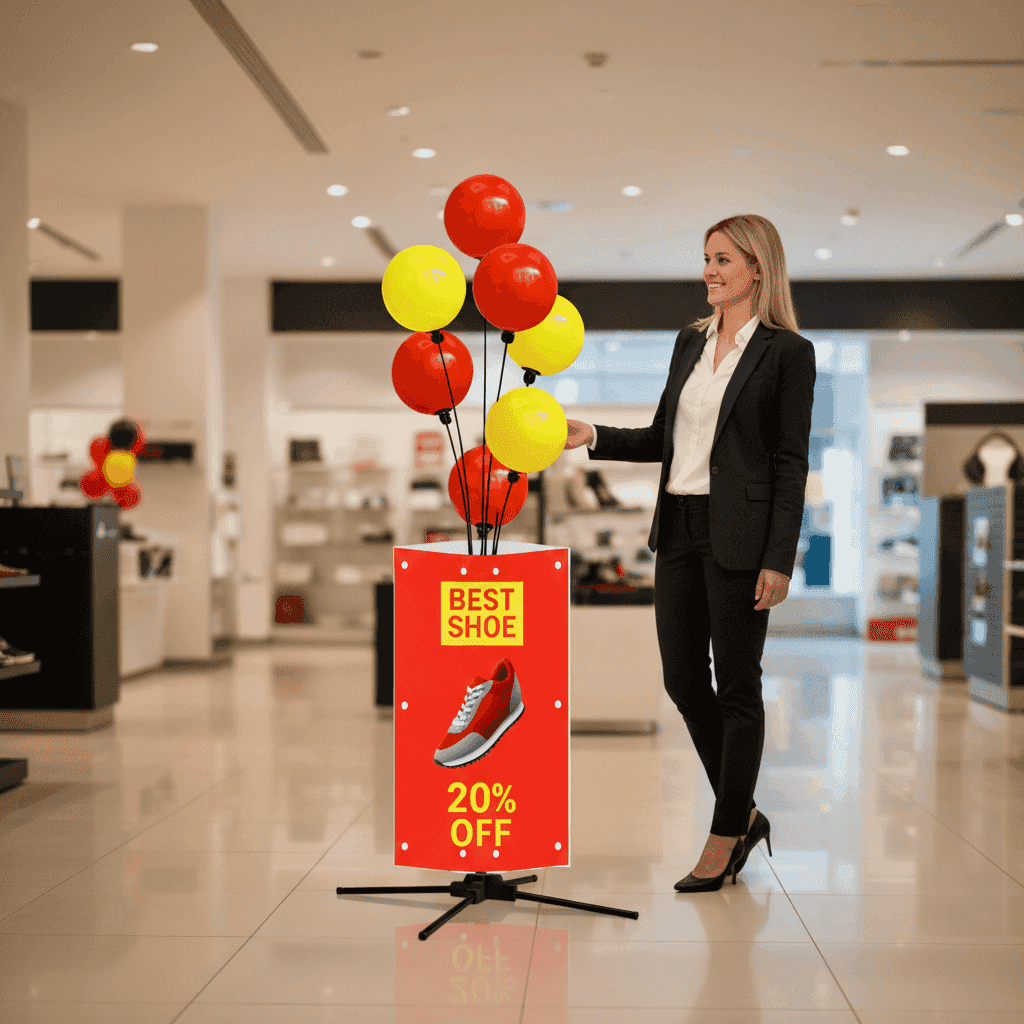 Collage of professionals using PilaMania balloon sign displays in various settings: retail displays, events and showrooms, shows transformation to operational peace