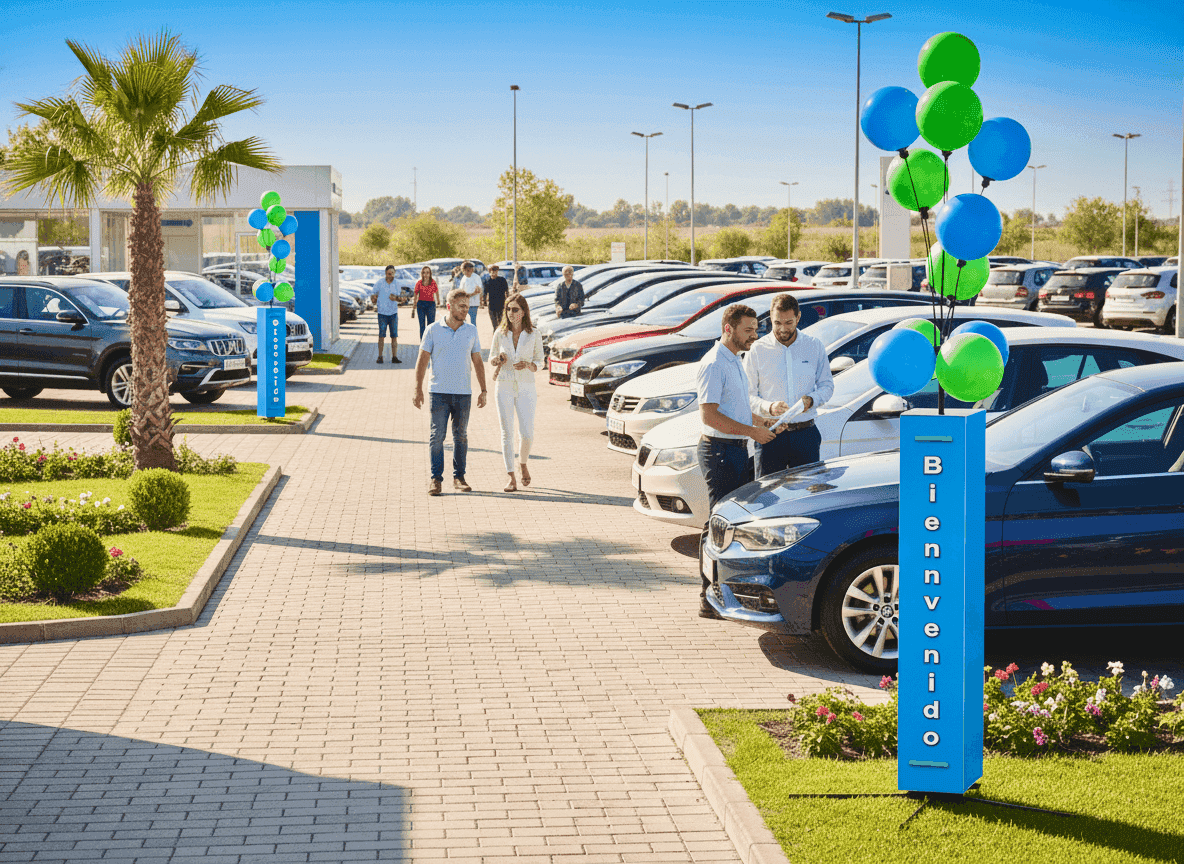 A balloon sign display stands firmly outside at a car dealership in the blazing sun