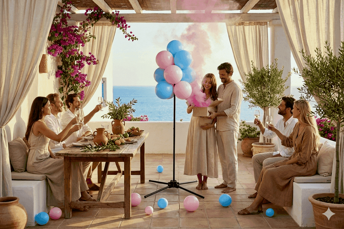Elegant gender reveal setting with pink and blue balloon decorations