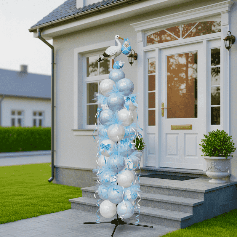 Elegant light blue balloon pillar at white front door welcoming gender reveal guests