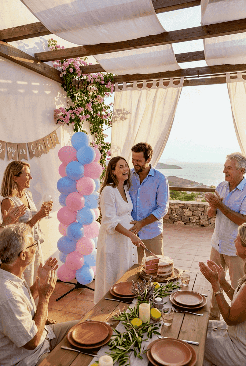 Expecting parents by pink and blue balloon pillar on covered patio with applauding family