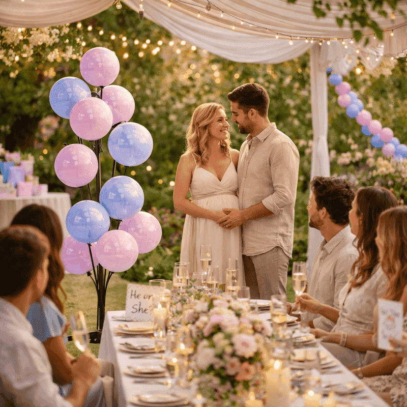 Romantic gender reveal evening party with balloon fountain and string lights on garden patio