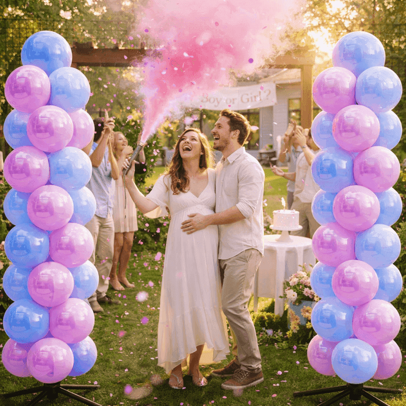 Spectacular gender reveal with pink smoke cannon and pink-blue balloon arch in garden