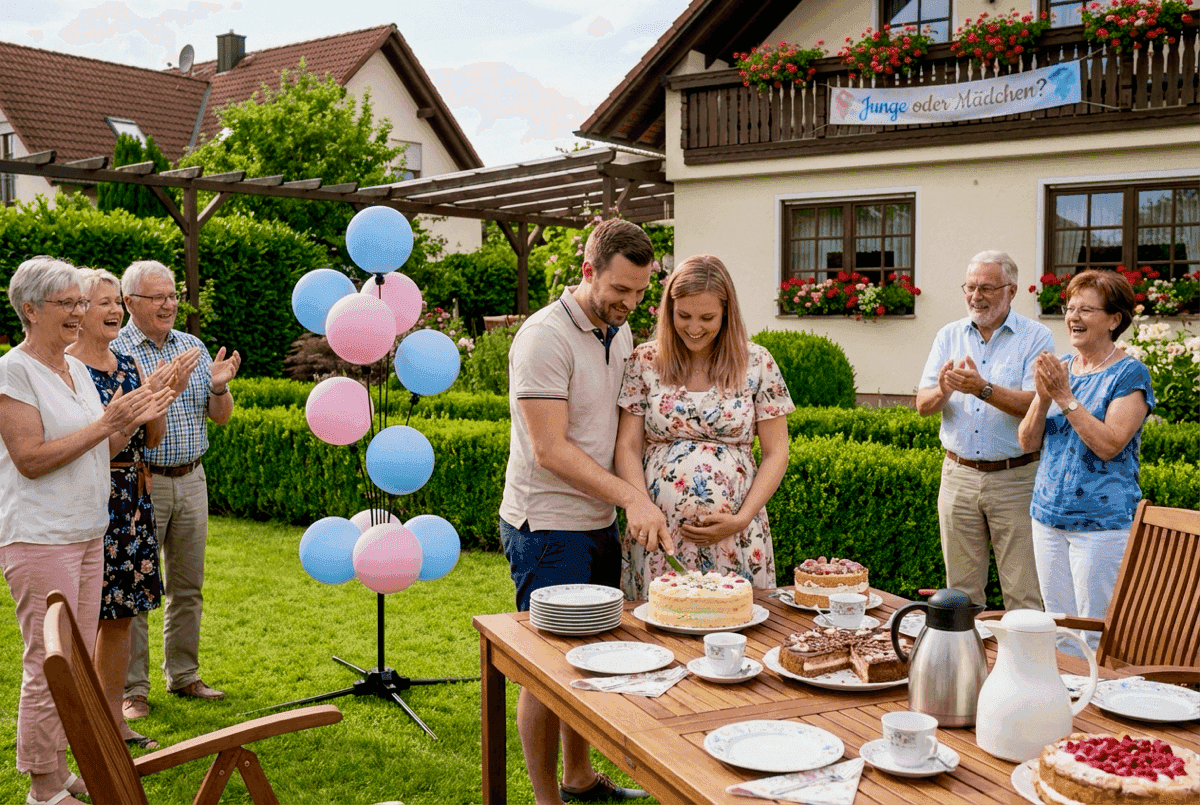 Summer gender reveal in garden with balloon cluster, applauding family and cake