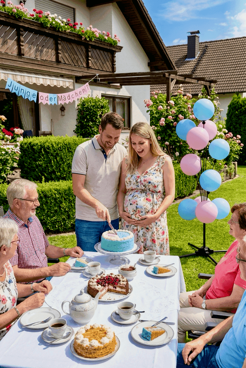 Gender reveal coffee table in garden with balloons, pastries and happy expecting parents