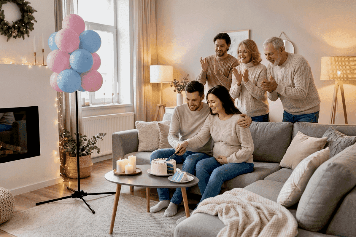 Modern gender reveal in stylish living room with balloon fountain and four generations of family
