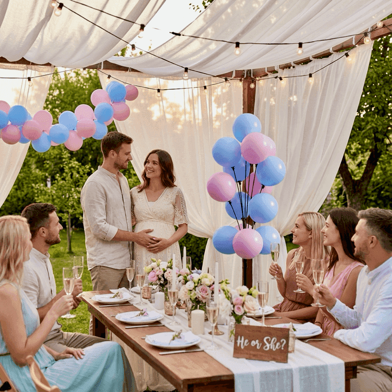 Gender reveal garden party with pink and blue balloon fountain and string lights over long table
