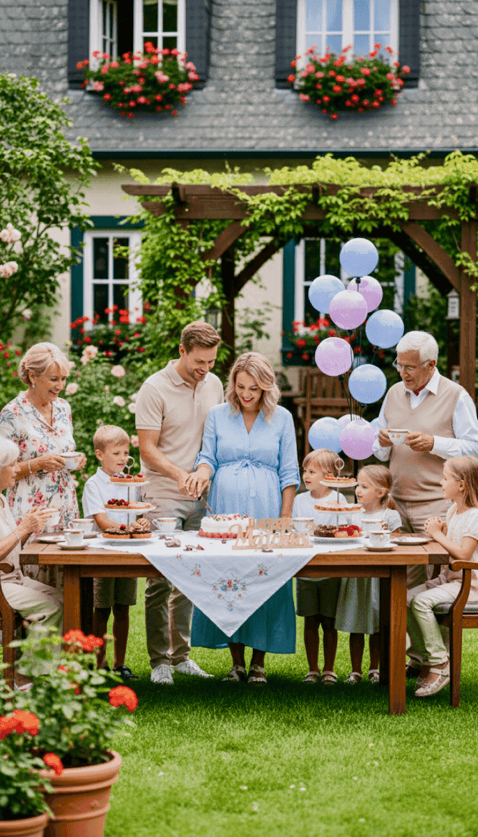 Three generations of family around table in garden with pastel gender reveal balloons