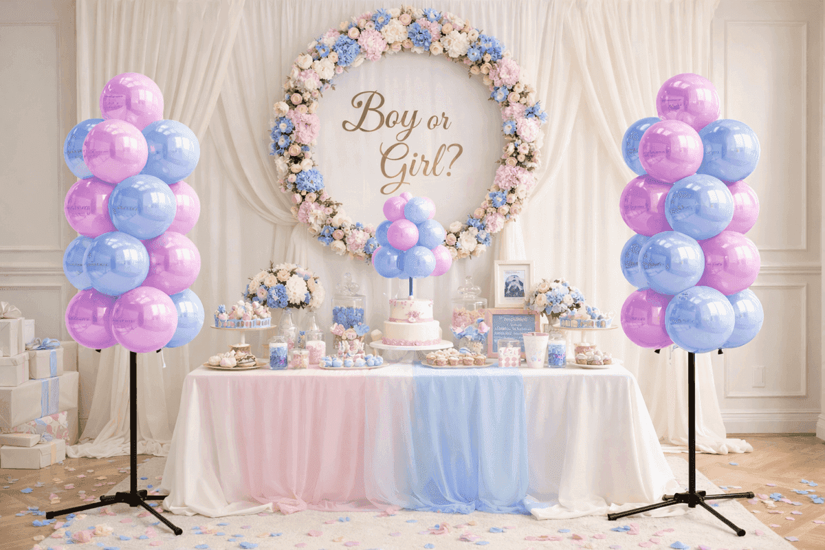 Professional gender reveal sweet table with two balloon pillars and Boy or Girl decorations