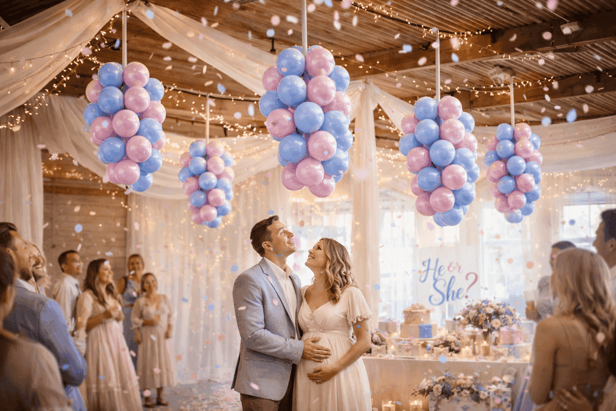 Pregnant couple kissing in venue under romantic hanging pink-blue balloon clusters
