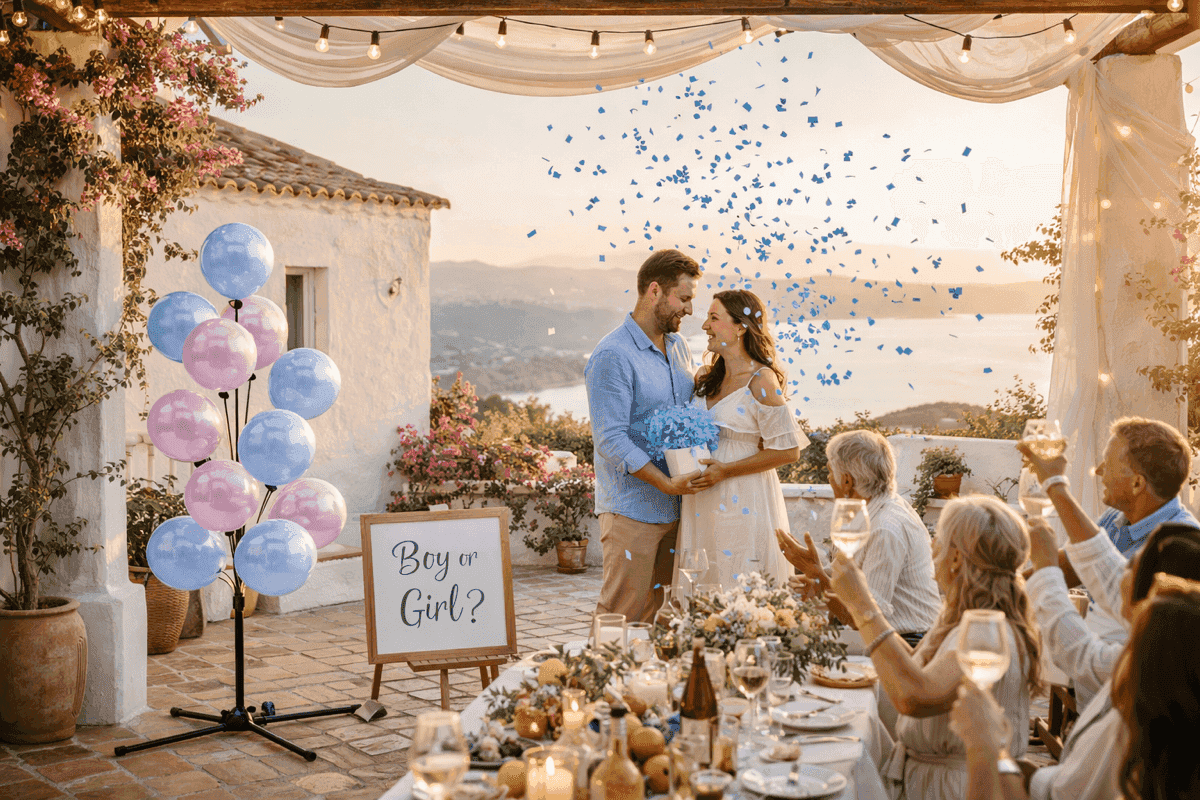 Emotional gender reveal moment with blue confetti explosion and Boy or Girl sign on patio