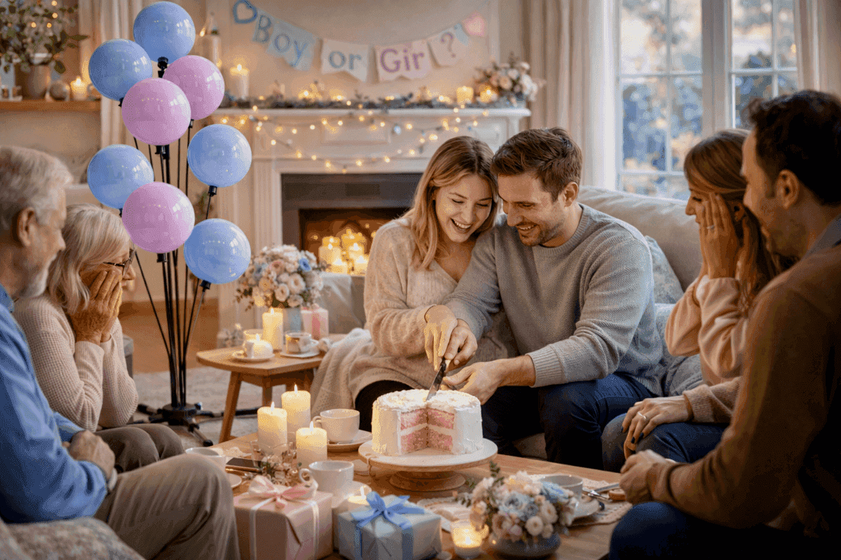 Intimate gender reveal in living room with balloon fountain, reveal cake and three generations of family