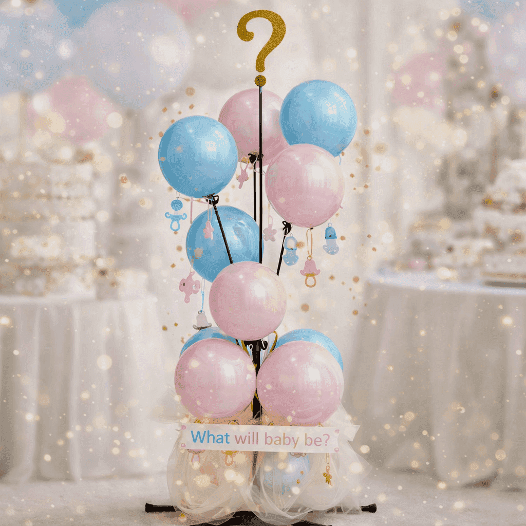 Gender reveal balloon cluster with golden question mark topper, pink and blue balloons mixed with What Will Baby Be sign