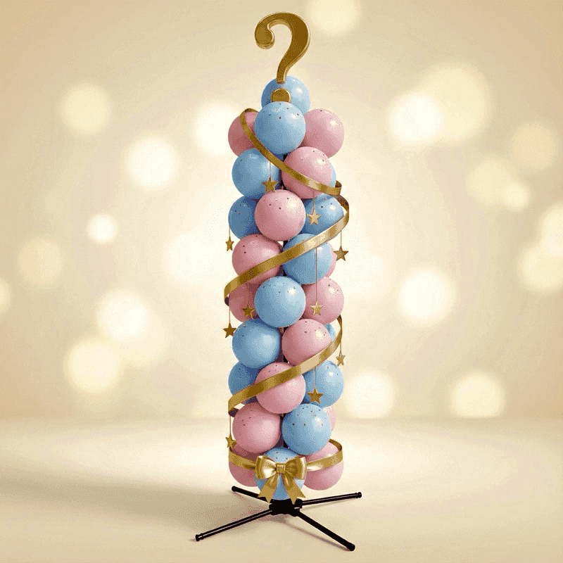 Elegant gender reveal balloon pillar with golden spiral ribbons, pink and blue balloons and golden question mark topper