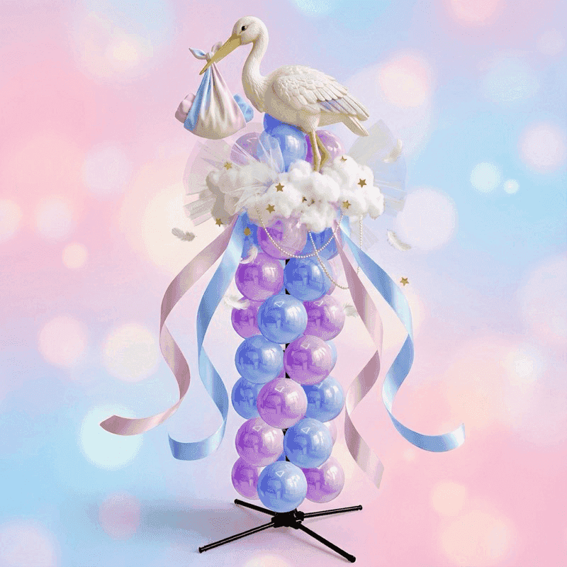 Fairytale gender reveal pillar with white stork topper, purple and pink pastel balloons and white flowers