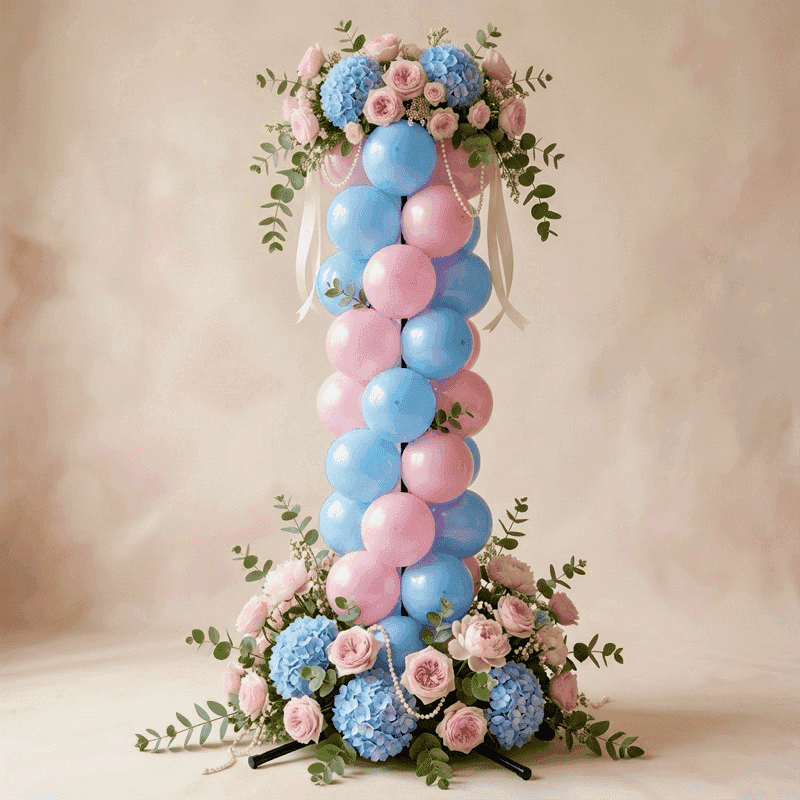Botanical gender reveal pillar with pink and blue balloons surrounded by fresh pink roses and green foliage