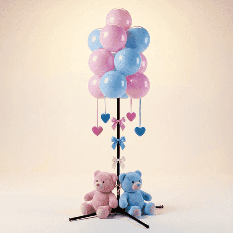 Cuddly gender reveal balloon cluster with pink and blue teddy bears on each side and hanging hearts decoration