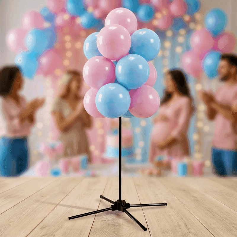 Gender reveal balloon cluster in pink and blue