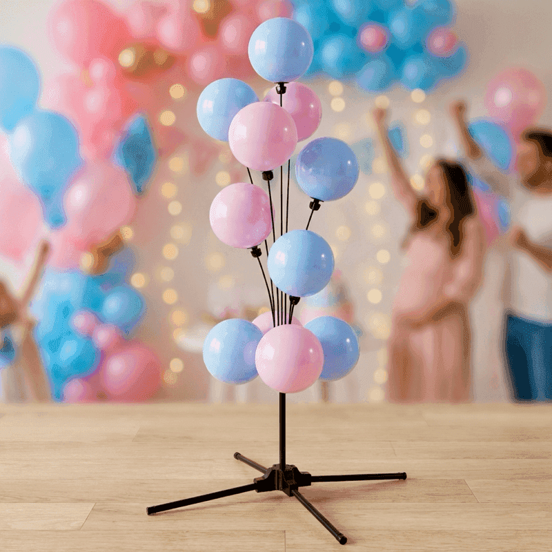 Gender reveal balloon fountain as table decoration