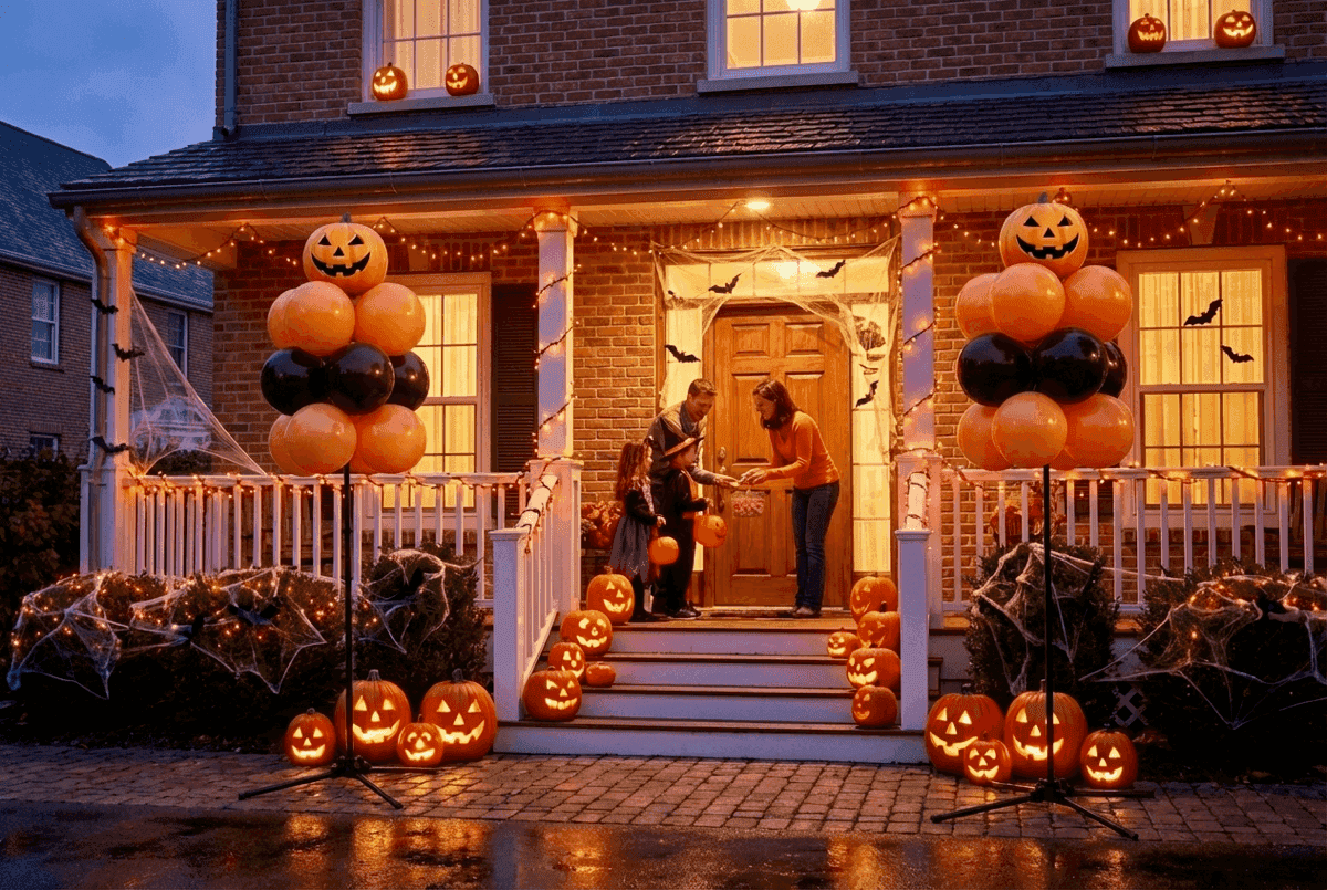 Karkki vai kepponen -kohtaus ilmapallopyljäillä ja kurpitsoilla koristellun etuoven luona