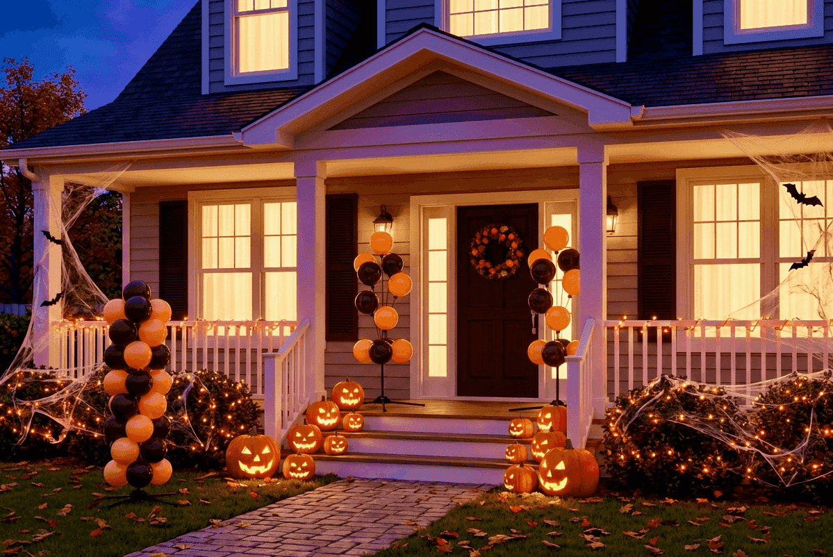 Halloween-verantakoriste ilmapallopyljäillä, hämähäkinseiteillä ja kurpitsoilla