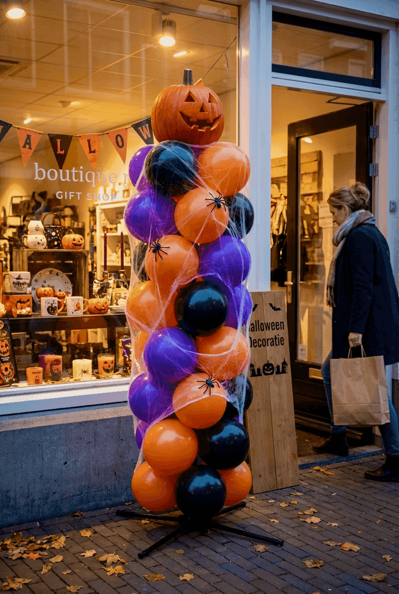 Värikäs Halloween-ilmapallopyljäs violettina ja oranssina kaupan näyteikkunassa