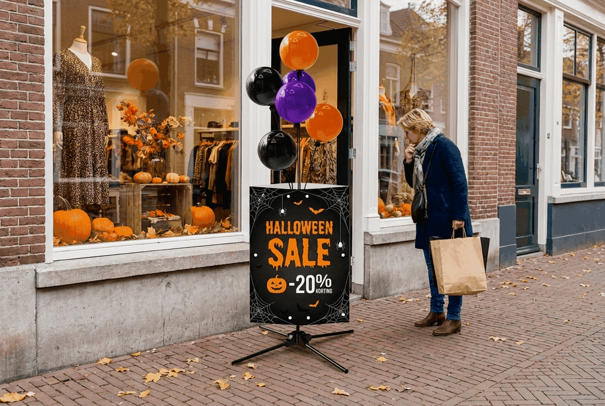 Halloween Sale -kampanjakyltti oranssin ja violetin ilmapallotertun kanssa kaupassa