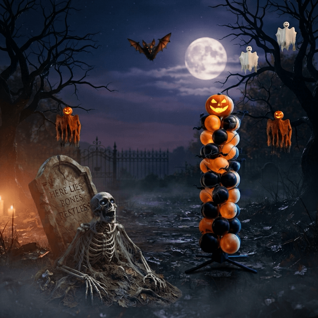 Halloween decor with balloon column, gravestone, skeleton and ghosts