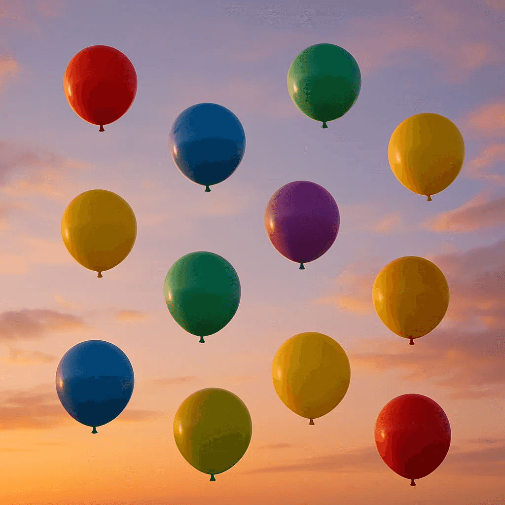Colorful balloons flying away against a sunset background