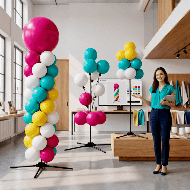 Colorful reusable balloon decorations by PilaMania set up in a modern workshop, with an event planner assembling her configuration