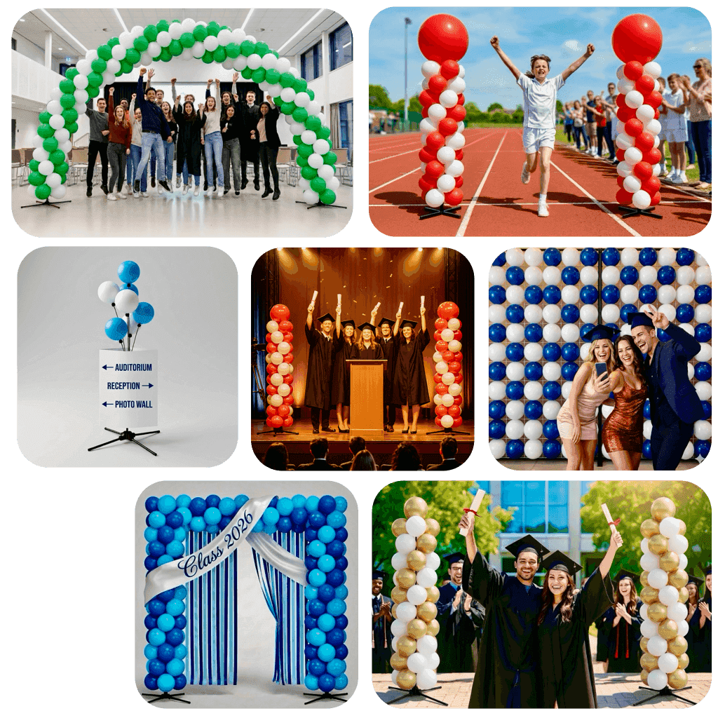 Reusable balloon columns at graduation ceremony in school auditorium