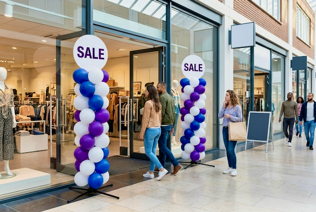 Balloon arch in brand colours at the showroom of a car dealership