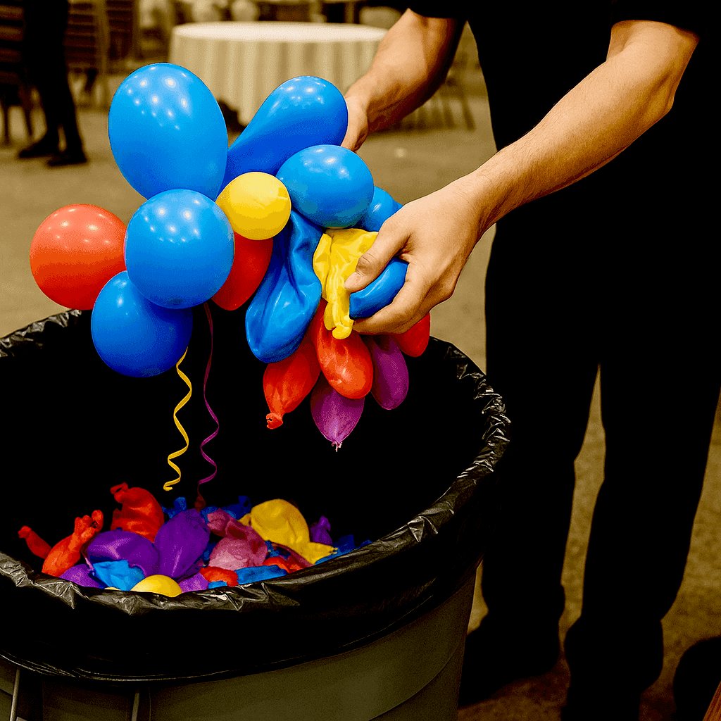 Disposable balloons ending up in a landfill after an event