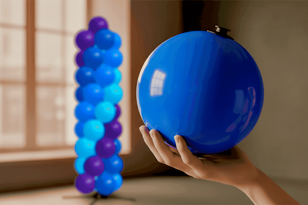 Close-up of a perfectly round PilaMania ball (215 mm), with a 2 meter tall balloon pillar blurred in the background