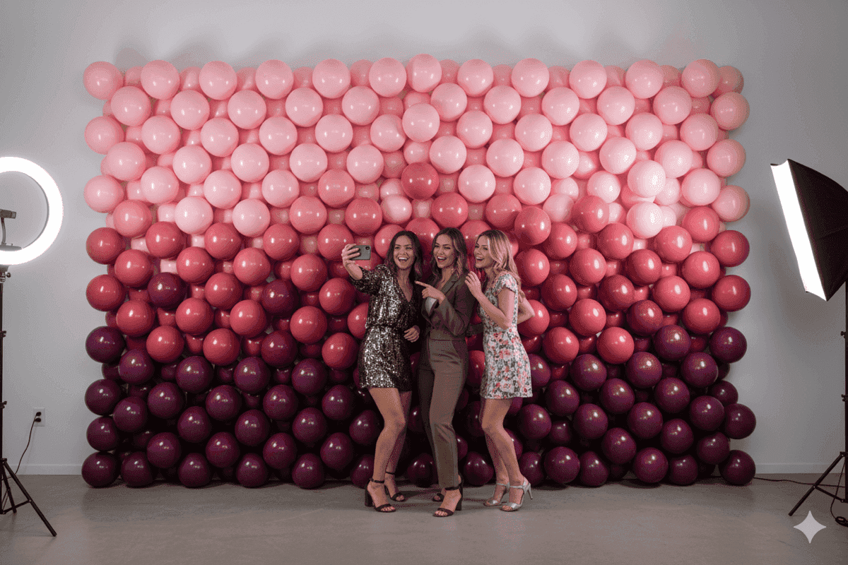 PilaMania balloon wall as photobooth backdrop with pink-purple ombre effect