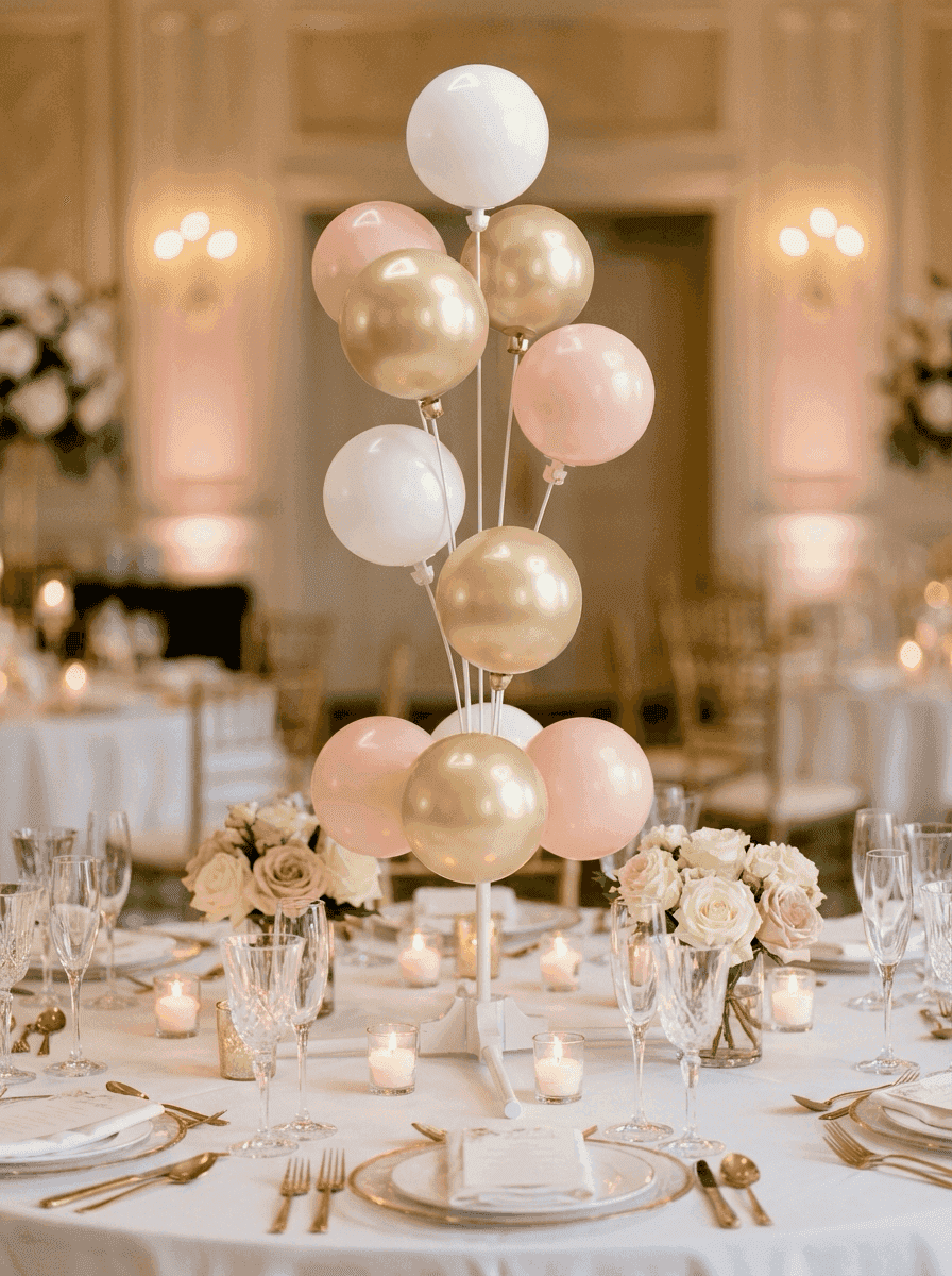 Balloon fountain as elegant centrepiece at wedding reception