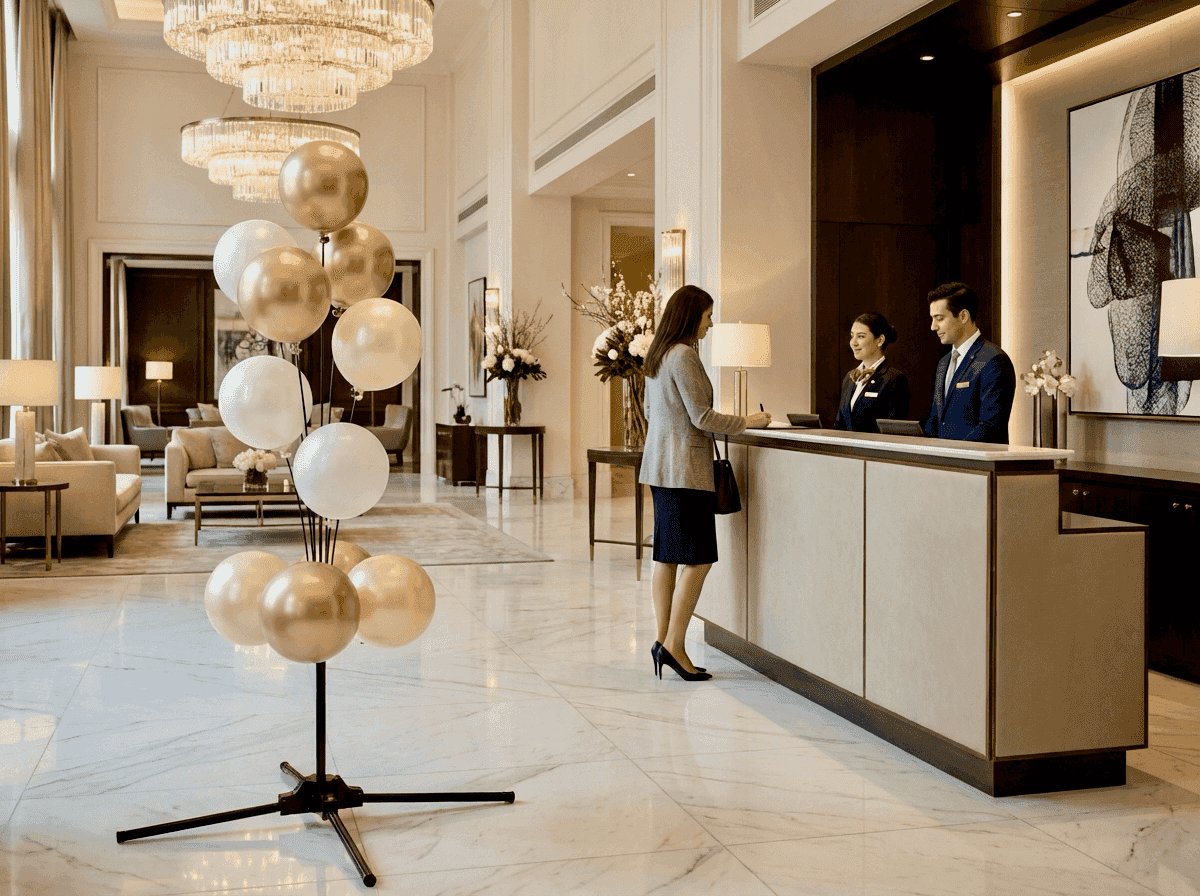 Balloon fountain in luxury hotel lobby as welcome decoration