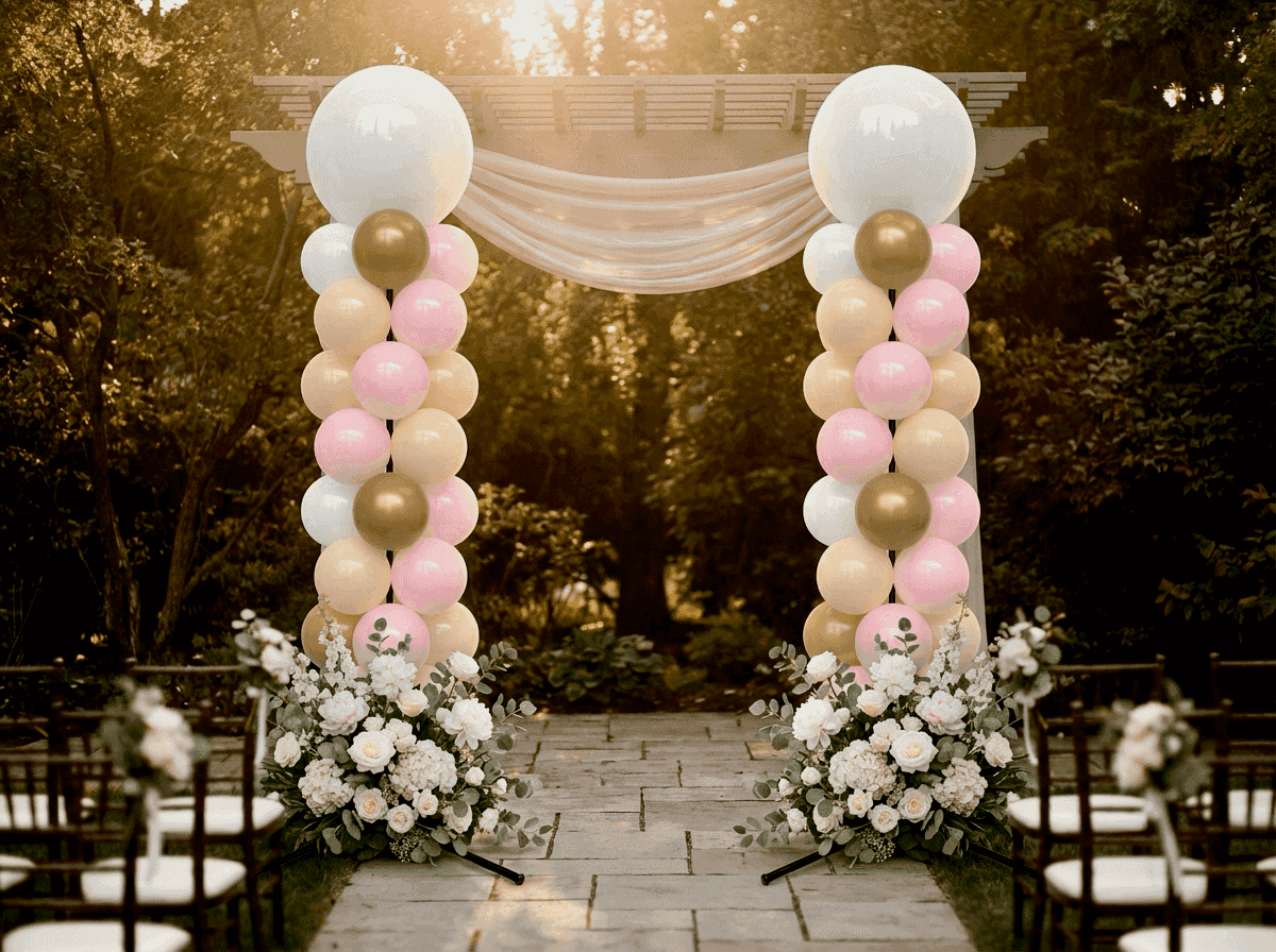 White balloon pillars as romantic backdrop at wedding ceremony