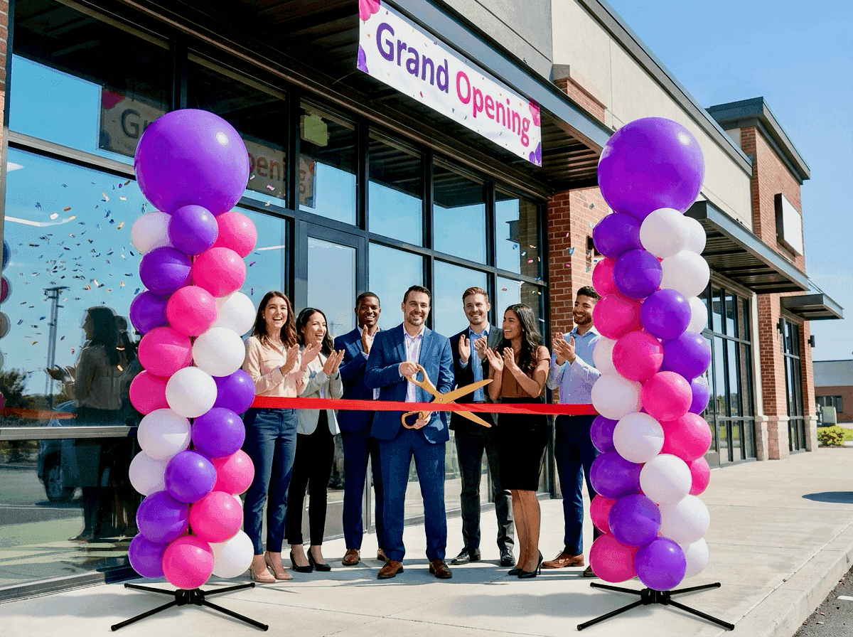 Colourful balloon pillars at grand opening of new shop