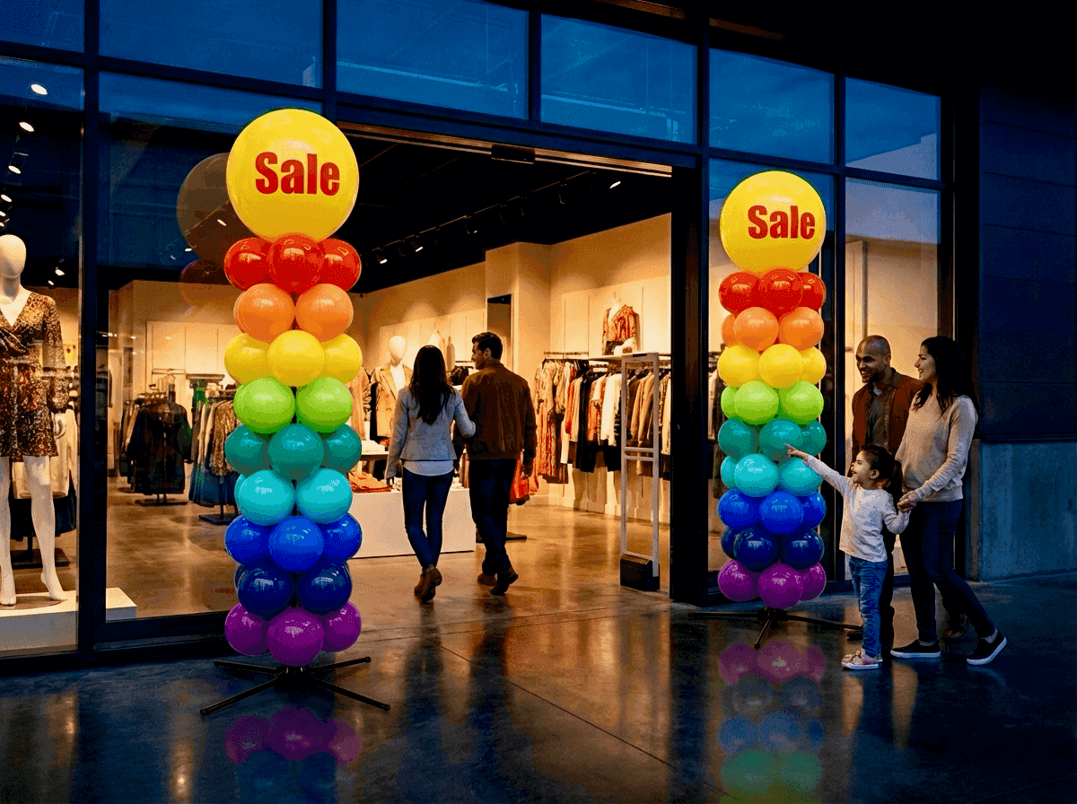 PilaMania balloon pillars at shop entrance as eye-catcher for retail
