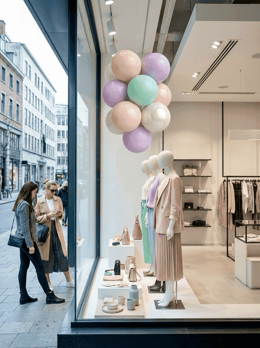 Hanging balloon cluster in shop window as eye-catcher
