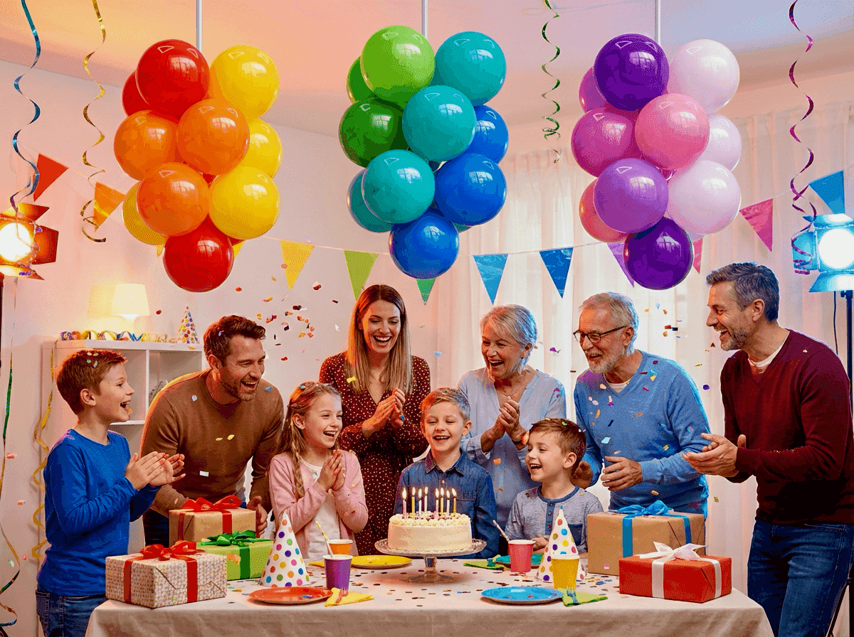 Hanging balloon clusters above party table for birthday party