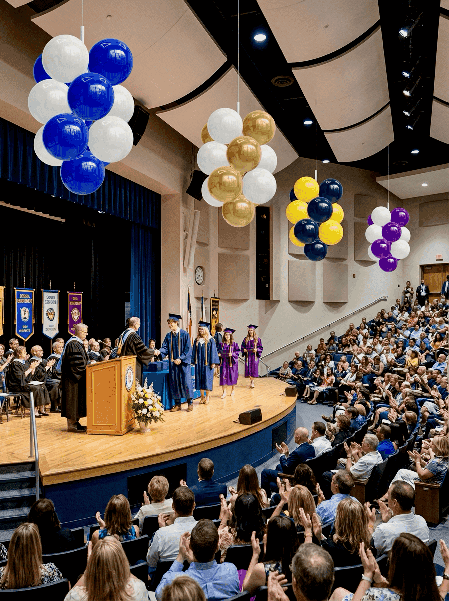 Colourful balloon clusters in school hall for graduation